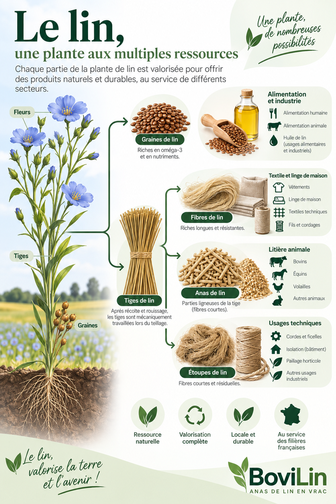 Infographie présentant les différentes valorisations de la plante de lin.